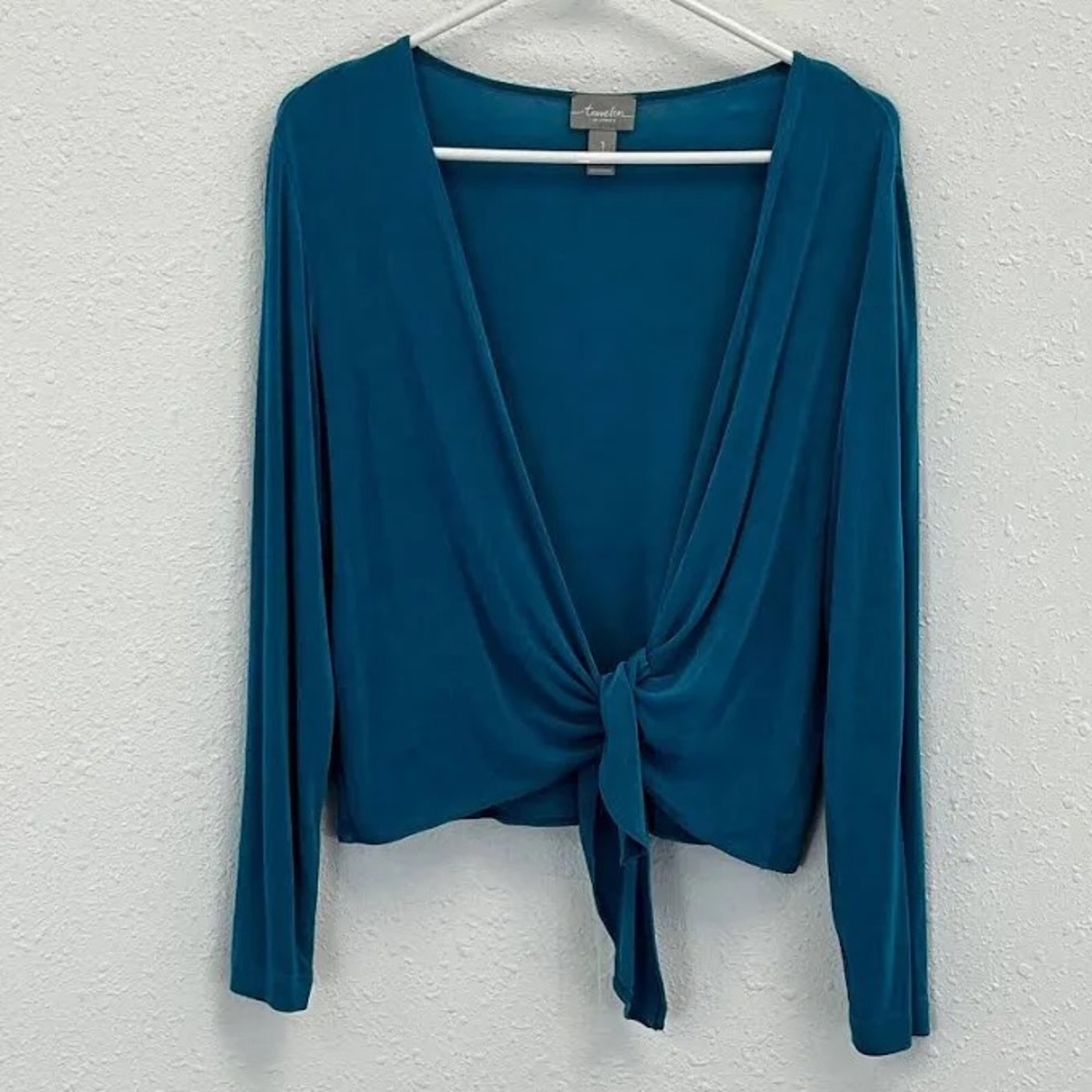 Chico's Travelers Women’s Sz 1 US Medium Classic Tie Front Jacket Turquoise NWT